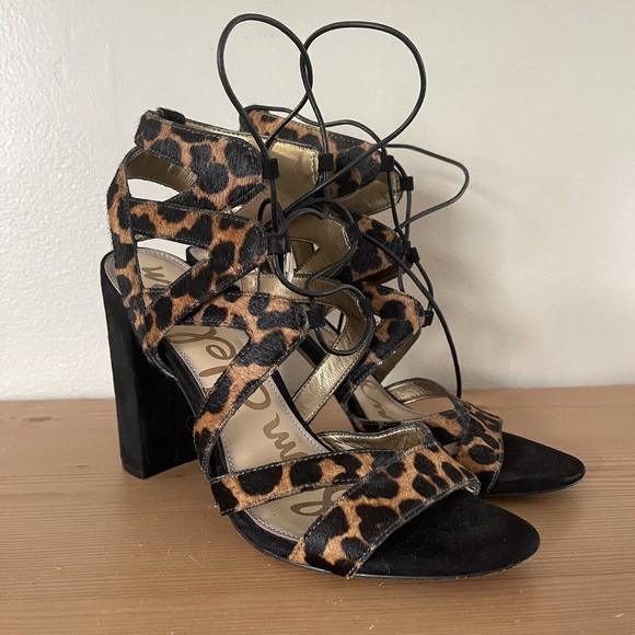 Sam Edelman Block Heels Strappy Sandals 8.5 Gladiator Dyed Cow Fur Leopard Print - Picture 1 of 11